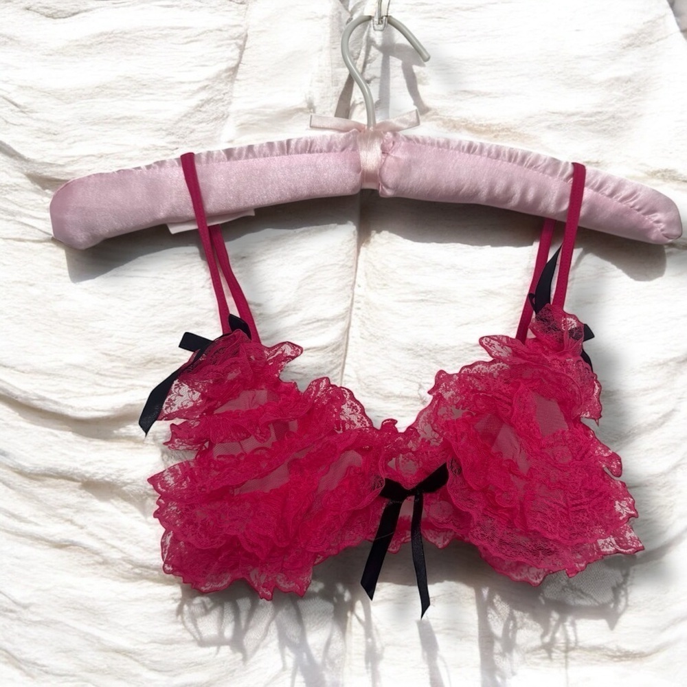 Pink ruffled black bow bralette S/M coquette pink whimsigoth